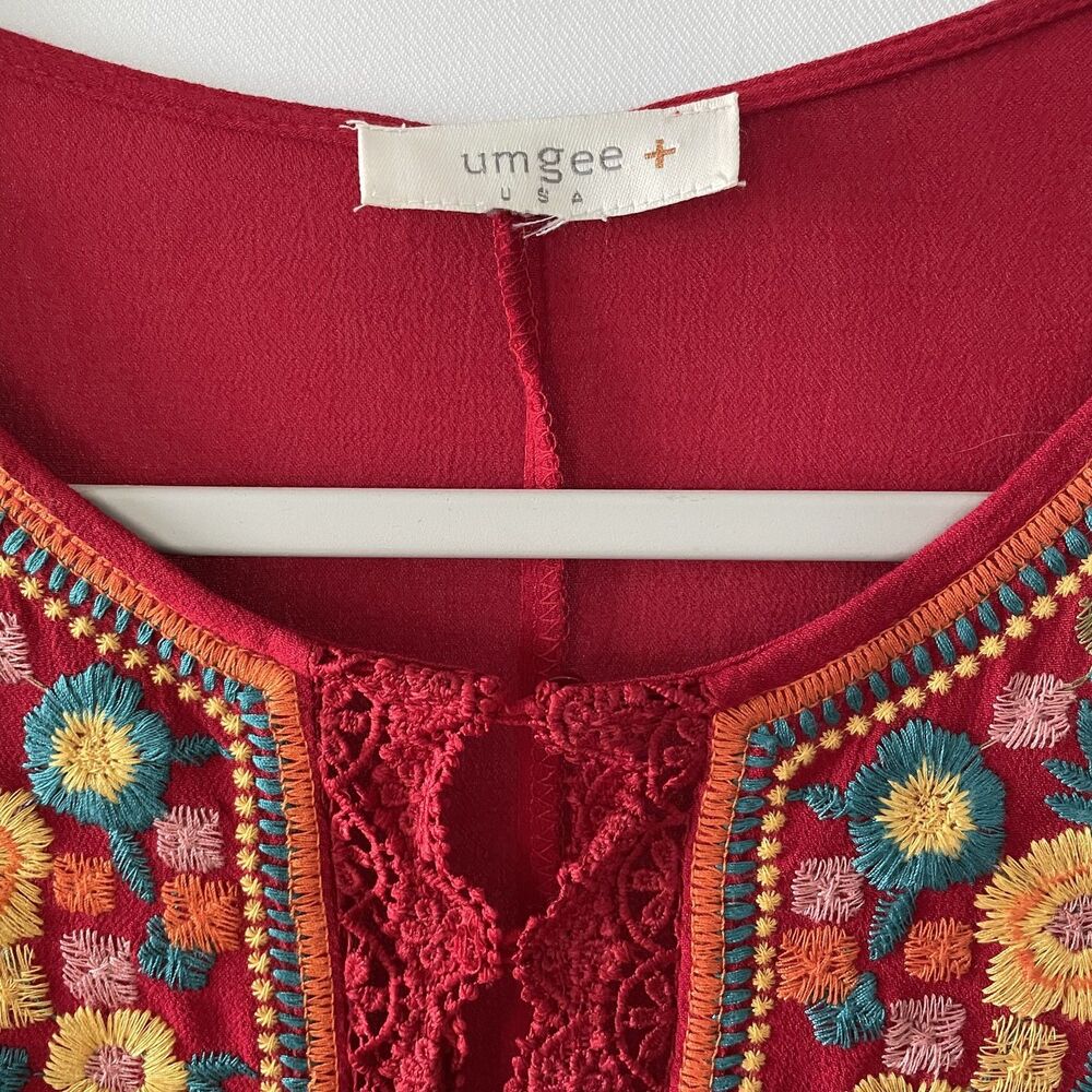 Umgee Boho Embroidered Red Bell Sleeve Tunic Shift Dress Size XL - Picture 4 of 11